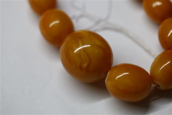 A single strand graduated oval amber bead necklace, gross weight 104 grams, 86cm.